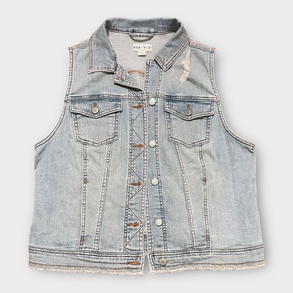 Ava Viv Jean Vest Jacket Womens 1X Button Down Denim Plus Size Distressed